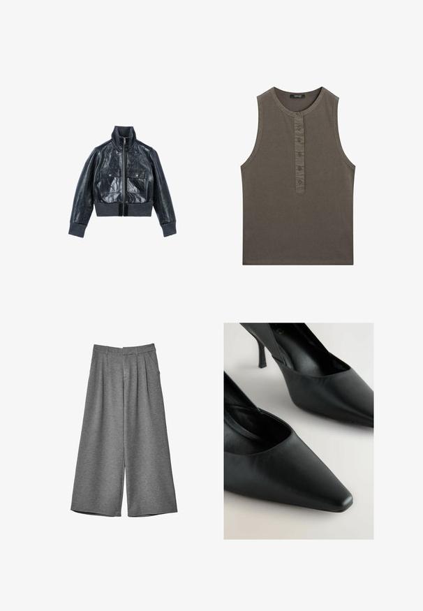 The Kooples Lederjacke - black; Ärmelloses, olivgrünes Tanktop aus Baumwolle. Es hat einen runden Ausschnitt und eine Knopfleiste mit fünf Knöpfen auf der Vorderseite.; Graue weit geschnittene cropped Hosen mit Gürtelschlaufen, seitlichen Taschen und vorderen Falten, aus einem weichen Stoff gefertigt.; Schwarze Leder High Heels mit spitzem Zeh, schlankem Stiletto-Absatz und glatter Textur. Verfügt über ein V-förmiges Design an den Seiten.