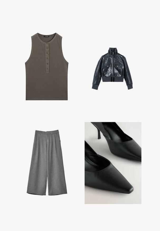 The Kooples Giacca di pelle - black; Canotta senza maniche di colore verde oliva realizzata in cotone. Presenta un scollo rotondo e una fila di bottoni sul davanti con cinque bottoni.; Pantaloni cropped grigi a gamba larga con passanti per cintura, tasche laterali e pieghe frontali, realizzati in un tessuto morbido.; Decolleté in pelle nera con punta affilata, tacco stiletto sottile e superficie liscia. Presenta un design a V sui lati.