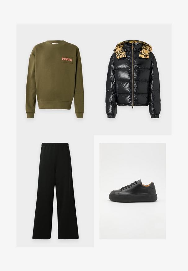 Black puffer jacket with a glossy finish, featuring a patterned yellow hood. Zipper closure and elastic cuffs complete the design.; Olive green sweatshirt made of cotton, featuring a crew neck, ribbed cuffs, and an embroidered patch with "MARNI" in red.; Black wide-leg pants made from soft fabric. Features an elastic waistband, smooth texture, and a simple, modern design without patterns.; Black leather sneaker with a round toe, lace-up front, smooth texture, thick rubber sole, and contrasting tan interior.