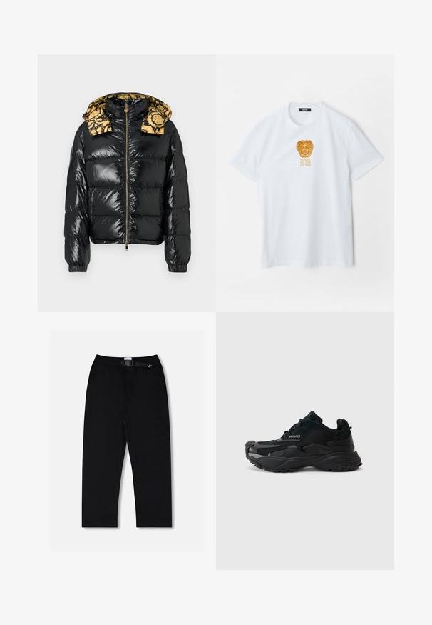 Veste matelassée noire à fini brillant, avec une capuche jaune à motif. Fermeture éclair et poignets élastiques complètent le design.; T-shirt blanc à manches courtes avec logo de tête de Méduse dorée et texte "Versace Est. 1978 Milano" centré sur la poitrine.; Pantalon noir avec taille élastique et ceinture ajustable. Confectionné dans un tissu lisse, il présente des jambes droites et aucun motif prononcé.; Baskets de sport noires en mesh et suède, avec une semelle texturée, un bout arrondi et un détail du logo Versace sur le côté.