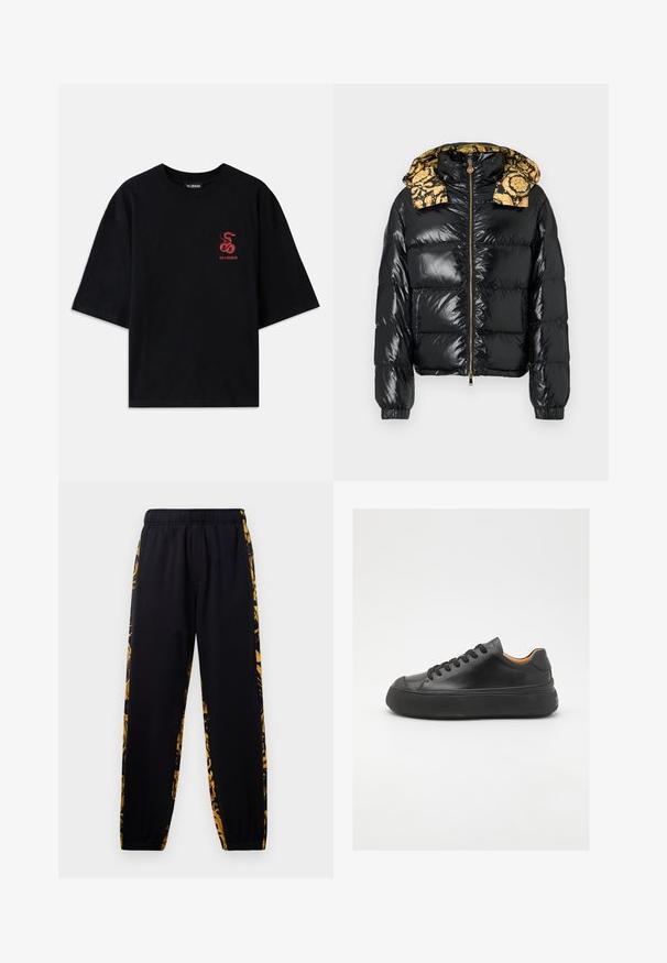 Juoda pūkinė striukė su blizgiu paviršiumi, geltonos spalvos raštuotu gobtuvu. Dizainą papildo užtrauktuko uždarymas ir elastinės rankogalių apyrankės.; Juodas medvilninis marškinėlis su laisvu kirpimu. Krūtinėje yra raudonos gyvatės grafika ir tekstas. Trumpomis rankovėmis ir apvaliu iškirpimu.; Juodos sportinės kelnės su elastingu juosmeniu ir rema, pasižyminčios aukso ir juodų gėlių rašo šoninėmis juostomis.; Juodos odinės sportinės bateliai su apvaliu pirštu, raištelių užsegimu, lygiu paviršiumi, storu guminio pado ir kontrastinga tan spalvos vidine puse.