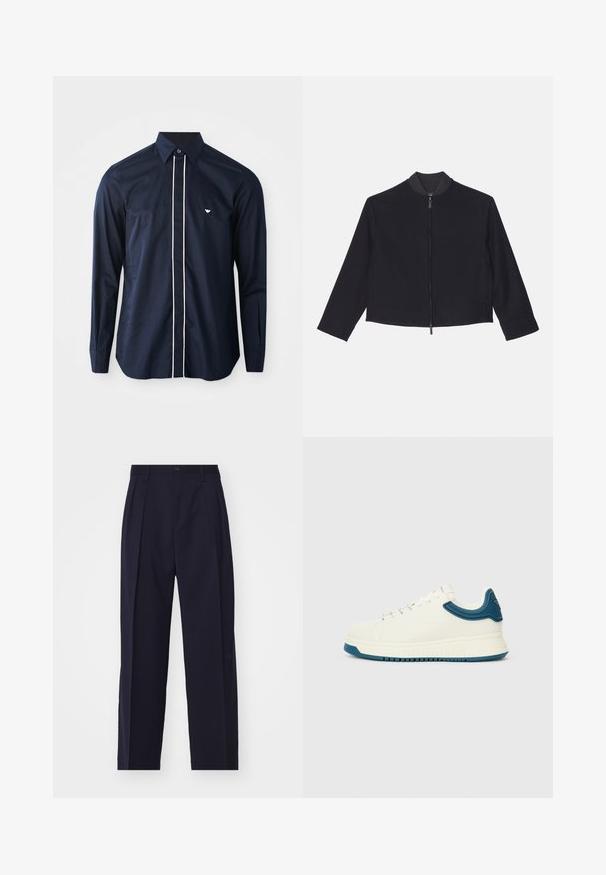 Emporio Armani Καλοκαιρινό μπουφάν - blu navy; Μα navy μακρυμάνικο πουκάμισο από βαμβάκι με κλασικό γιακά, που διαθέτει λευκή ραφή κατά μήκος του μπροστινού μέρους και μικρό λογότυπο στο αριστερό στήθος.; Ναυτικό μπλε κομμένα παντελόνια με ίσια γραμμή, πτυχές στο μπροστινό μέρος, κλείσιμο με κουμπί και χωρίς ορατές τσέπες. Λεπτή υφή υφάσματος.; Λευκά αθλητικά παπούτσια με λείο φινίρισμα, μπλε υφασμάτινες λεπτομέρειες γύρω από τον γιακά και χοντρή σόλα. Διαθέτει στρογγυλά κορδόνια και σχεδίαση χαμηλού προφίλ.