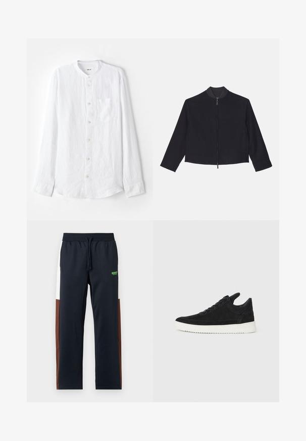 Emporio Armani Letná bunda - blu navy; Biela košeľa s dlhým rukávom vyrobená z textúrovaného materiálu, s band golierom, zapínaním na gombíky, jednou náprsné vrecko a striebornými gombíkmi.; Námornícke modré tepláky s bielymi a hnedými bočnými panelmi, elastický pás, sťahovanie a zelené logo na boku. Mäkko a hladký materiál.; čierne semišové tenisky s bielou gumovou podrážkou, s tonálnym prešívaním a šnurovaním. Hladká textúra s moderným, zjednodušeným tvarom.