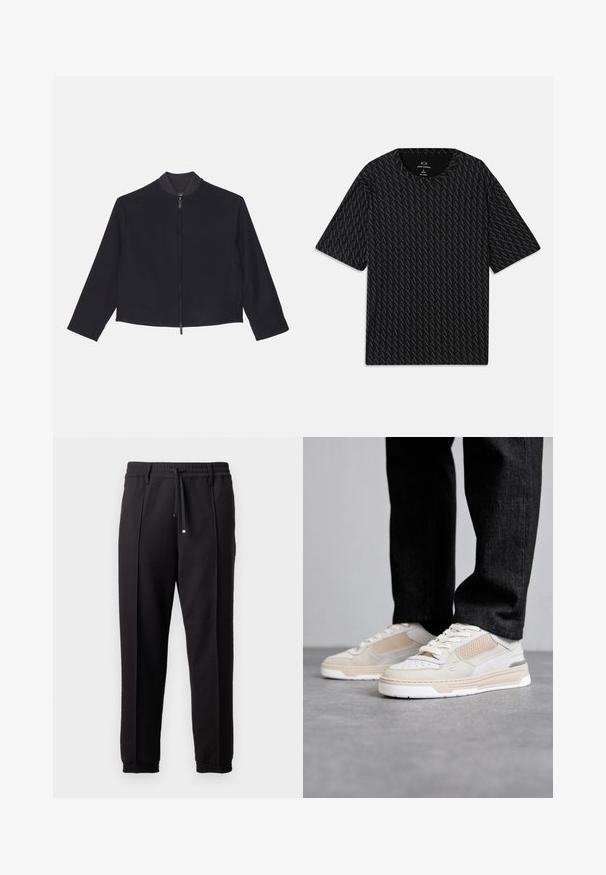 Emporio Armani Lehká bunda - blu navy; Černé tričko s texturovaným vzorem střídajících se logo 'A', krátké rukávy a kulatý výstřih. Vyrobeno z lehkého materiálu.; Černé kalhoty s páskem, šňůrkou na stažení a elastickými manžetami. Obsahují sklady a hladkou, strukturovanou látku.; Filling Pieces CRUISER CRUMBS - Tenisky - white