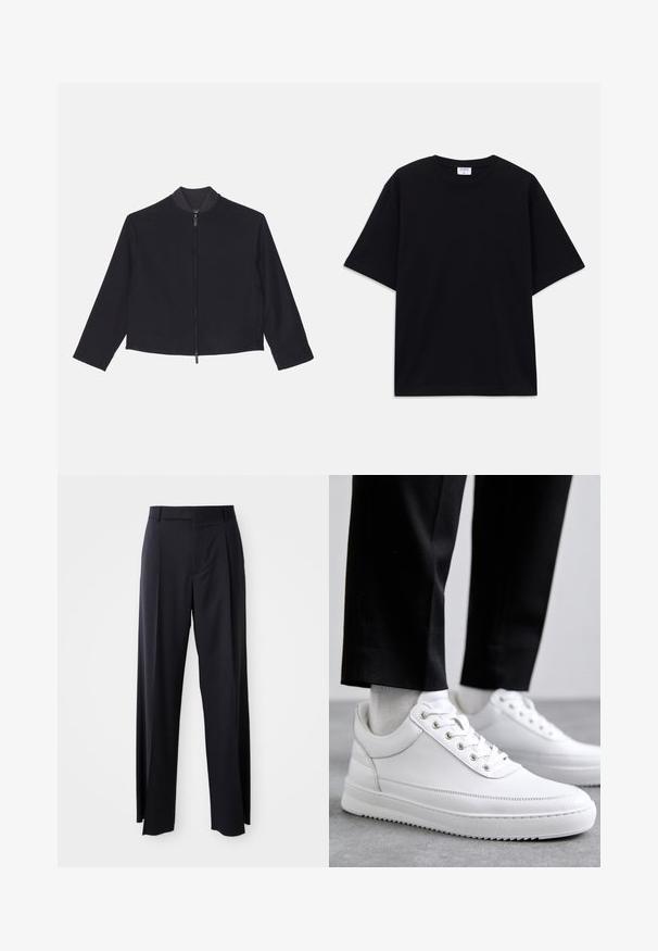 Emporio Armani Nyári dzseki - blu navy; Fekete, rövid ujjú, oversize póló kerek nyakkivágással és látható Filippa K márkacédulával a gallér belső részén.; Fekete, magasan ültetett nadrág, széles szárai vannak, sima anyagból készült. Elülső redők és övhurkok jellemzik. Minimalista dizájn, látható fémalkatrészek nélkül.; Fehér bőr sportcipők lapos gumitalppal, sima felülettel, kerek orral és fém fűzőlyukakkal. Fekete nadrággal viselve.