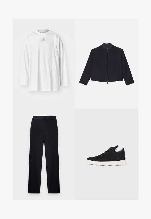Emporio Armani Summer jacket - blu navy; Feng Chen Wang DECONSTRUCTION UNISEX - Long sleeved top - white; Black trousers featuring a lightweight, textured fabric, straight-leg design, elastic waistband, and side zip pockets.; Black suede sneaker with a white rubber sole, featuring tonal stitching and lace-up design. Smooth texture with a modern, streamlined shape.