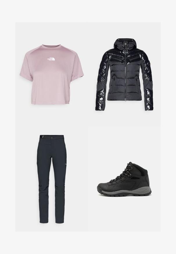 Musta puff-jakkuu kiiltävällä pinnalla, jossa on vaakasuorat baffle-tikkaukset, korkeampi kaulus ja vetoketjulliset taskut käytännöllisyyden vuoksi.; Lyhyt vaaleanlila t-paita. Valmistettu pehmeästä kankaasta, jossa on pyöreä kaula-aukko ja lyhyet hihat. Rinnassa valkoinen logo.; Miestne vonkajšie nohavice, tmavo šedé, vyrobené z flexibilného materiálu, s opaskom, zipsovými vreckami a zosilneným šitím.; Musta vaelluskenkä, jossa on puolivartinen muotoilu, jolle on ominaista teksturoitu päällinen, harmaat yksityiskohdat ja kestävä kumipohja, jossa on pitoita lisääviä lukuja.