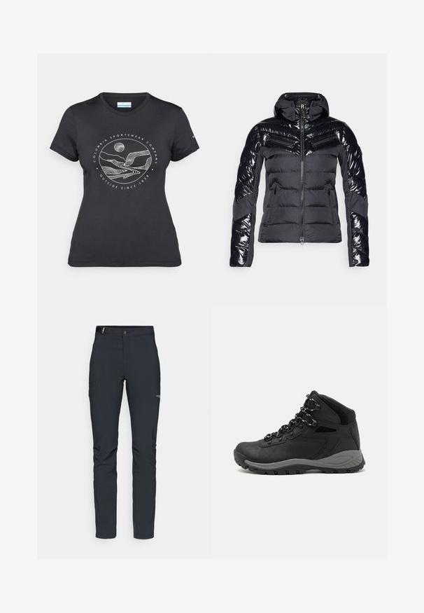 Crna pufasta jakna s sjajnom završnom obradom, s horizontalnim pregradama, visokim ovratnikom i patentnim zatvaračima na džepovima radi funkcionalnosti.; Crna Columbia majica s bijelim kružnim crtežom planine i rijeke te natpisom "Columbia Sportswear Company Outside Since 1938."; Muške outdoor hlače, tamno sive boje, izrađene od fleksibilnog materijala, s remenom, džepovima na patentni zatvarač i ojačanim šavovima.; Crne planinarske čizme s dizajnom srednjeg vrha, sa teksturiranim gornjim dijelom, sivim akcentima i izdržljivom gumom potplatom s uzorkom za prianjanje.