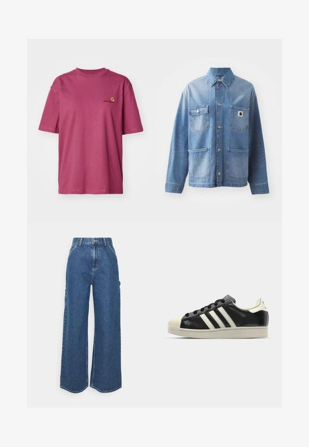 Hele sinine teksajakk, millel on krae, nupud ees ja neli taskut. Vasakul rinnal on logopatch ja metallnupud.; Carhartt WIP AMERICAN SCRIPT - Lihtne T-särk - dusty fuchsia; Laiene jalad sinised denim püksid kõrge vöökohaga, kontrastsete õmblustega ja küljetaskutega, klassikalise viie taskuga disainiga ja toore servaga.; Must have nahkased mustad tossud valgete triipudega, kummist varbakattega, mustade paeltega ja kreemika värvusega tallaga. Sile tekstuur ja läikiv viimistlus.