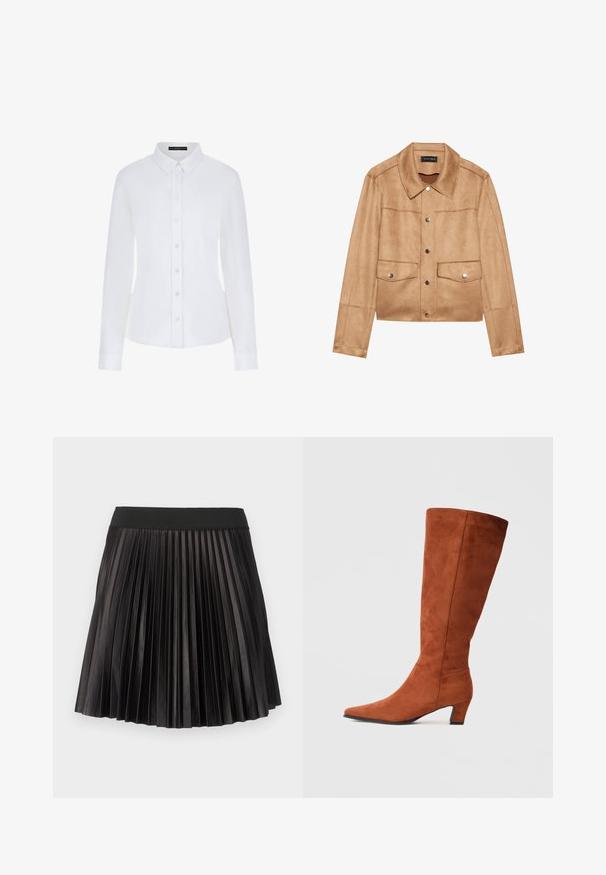 Barna, rövidített dzseki, puha anyagból, hegyes gallérral, ezüst gombokkal, két elülső zsebbel és varrás nélküli kialakítással.; Fehér, hosszú ujjú ing, amely nyakkal, gombos elülső résszel és mandzsettával rendelkezik. Simább anyagból készült, testhez álló fazonban, látható minták nélkül.; Fekete, redőzött szoknya széles, elasztikus derékkal és sima, fényes textúrával az egész anyagon.; Barna velúr, térd fölé érő csizma, hegyes orral és kis kocka sarkával, sima textúrával és minimalista dizájnnal.