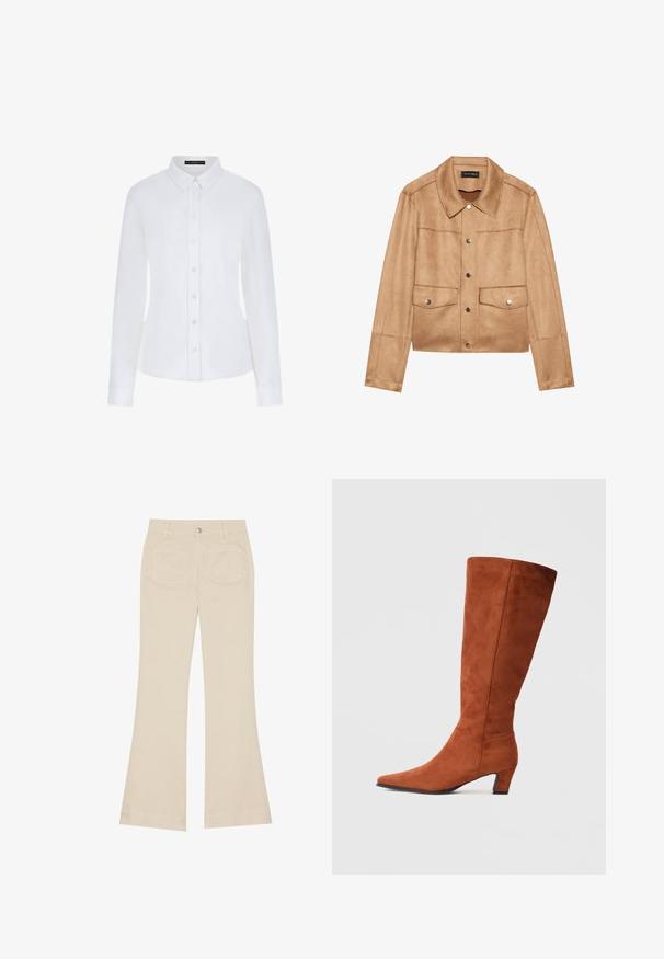 Krátka béžová bunda vyrobená z mäkkého materiálu, s špicatým golierom, striebornými gombíkmi, dvoma prednými vreckami a bezšvovou konštrukciou.; Biela košeľa s dlhými rukávmi, ktorá má golier, zapínanie na knoflíky a manžety. Vyrobená z hladkej látky s priliehavým strihom a bez viditeľných vzorov.; Béžové rozšírené nohavice s vysokým pásom, vyrobené z bavlnenej tkaniny. Obsahujú predné a zadné vrecká, pútka na opasok a jeden strieborný gombík.; Hnedé semišové vysoké čižmy po kolená s špicatou špičkou a malým blokovým podpätkom, s hladkou textúrou a minimalistickým dizajnom.