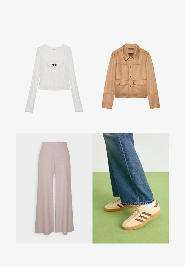 Svetlosmeđi skraćeni kaput od mekog materijala, s uspravnim ovratnikom, srebrnim dugmadi, dva prednja džepa i bezšavnom izradom.; Bijela čipkasta bluza dugih rukava s kvadratnim izrezom, volanima na rubovima i malom crnom mašnom kao akcentom na središnjem dijelu.; Svijetlosive široke hlače od mekog rebrastog materijala, sa visokim pojasom i punim nogavicama s suptilnom teksturom.; Bež tenisice s teksturiranim kremastim panelima i smeškim prugama, u kombinaciji s plavim trapericama. Traperice imaju široke nogavice i poderane rubove.