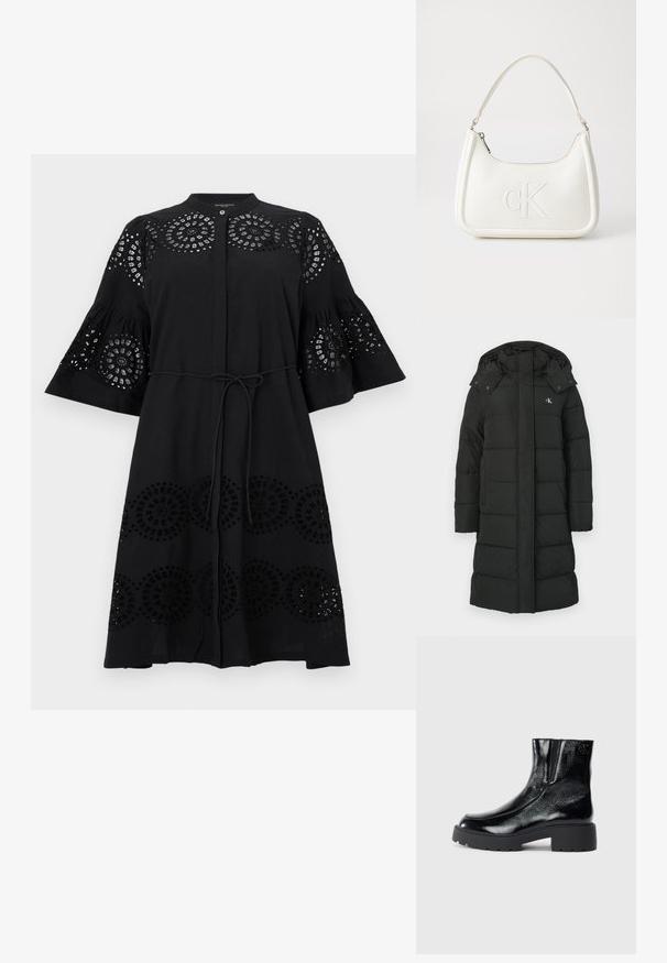 Svart dunjakke med hette, med kviltet design, frontglidelås og logo på venstre bryst. Glatt, isolert stoff.; Svart kjole med broderidetaljer, klokkeærmer og knyteliv. Har sirkulære utskjæringer og knapp foran. Laget av lettvektstoff.; Svarte ankelstøvler med en blank lakkfinish, kraftig svart gummisåle og hevet hæl; inkluderer subtile logo-detaljer på siden.; Hvit lærveske med en buet fasong, med et preget "CK"-logo på forsiden og en enkel skulderstropp. Glidelåslukking på toppen.