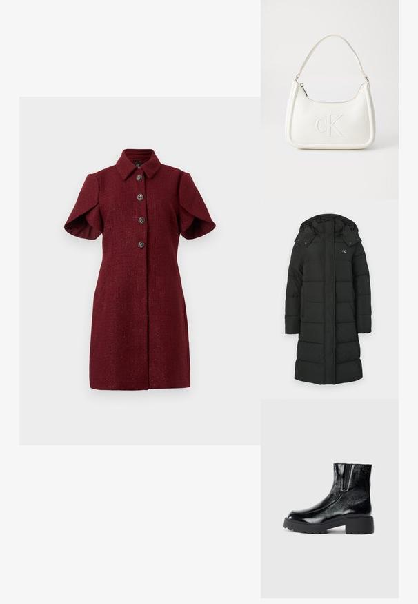 Svart dunjakke med hette, med kviltet design, frontglidelås og logo på venstre bryst. Glatt, isolert stoff.; Burgunderfarget kortermet kjole med spiss krage og fire dekorative sølvknapper foran.; Svarte ankelstøvler med en blank lakkfinish, kraftig svart gummisåle og hevet hæl; inkluderer subtile logo-detaljer på siden.; Hvit lærveske med en buet fasong, med et preget "CK"-logo på forsiden og en enkel skulderstropp. Glidelåslukking på toppen.