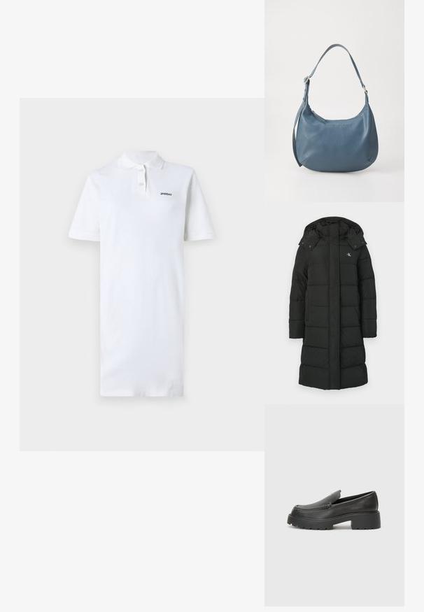 Μαύρο μπουφάν από φουσκωτό ύφασμα με κουκούλα, με επενδεδυμένο σχέδιο, κλείσιμο με φερμουάρ μπροστά και λογότυπο στο αριστερό στήθος. Λείο, μονωμένο ύφασμα.; Λευκό πόλο φόρεμα από βαμβάκι, με γιακά και κοντά μανίκια. Περιλαμβάνει ένα μικρό μαύρο λογότυπο στο αριστερό μπούστο. Απαλή υφή.; Μαύρα δερμάτινα loafers με στρογγυλή μύτη, χοντρή υφή σόλας και ελάχιστες ραφές. Κομψός σχεδιασμός χωρίς ορατά κορδόνια ή μεταλλικά στοιχεία.; Μπλε δερμάτινη τσάντα χειρός με στρογγυλή μορφή, μία λουρί ώμου, κλείσιμο με φερμουάρ και ανάγλυφο λογότυπο στο μπροστινό μέρος. Λείος υφή.