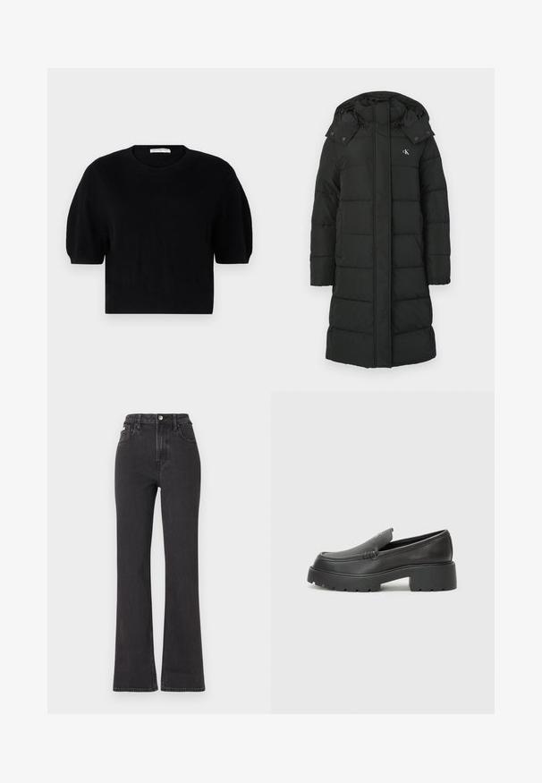 Črni puhovka s kapuco, ki ima prešito zasnovo, sprednje zadrgo in logo na levem prsnem predelu. Gladek, izoliran material.; pure cashmere PUFF SHORTSLEEVE - Pulover - black; Črne kavbojke s visokim pasom in razširjenimi hlačnicami, narejene iz denima, z gumbom za zapiranje, zankami za pas in stranskimi žepi. Gladka tekstura z minimalnim bledenjem.; Črne usnjene loafers čevlje z zaobljenim nosom, debelim teksturiranim podplatom in minimalnimi šivi. Elegantna zasnova brez vidnih vezalk ali kovinskih delov.