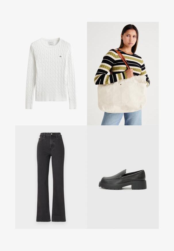 Casaco puffer preto com capuz, apresentando um design acolchoado, fecho frontal com zíper e logo no lado esquerdo do peito. Tecido liso e isolante.; Suéter branco de malha trançada com decote redondo, punhos e bainha canelados, apresentando um pequeno logotipo bordado no lado esquerdo do peito.; Jeans flared pretos de cintura alta feitos de denim, com fecho de botão, passadores para cinto e bolsos laterais. Textura suave com desbotamento mínimo.; Mocassins de couro preto com bico arredondado, sola espessa e texturizada, e detalhes de costura minimalistas. Design elegante sem atacadores ou ferragens visíveis.; Grande bolsa de lona bege com alças de couro castanho, apresentando um design minimalista e costuras visíveis como destaque.