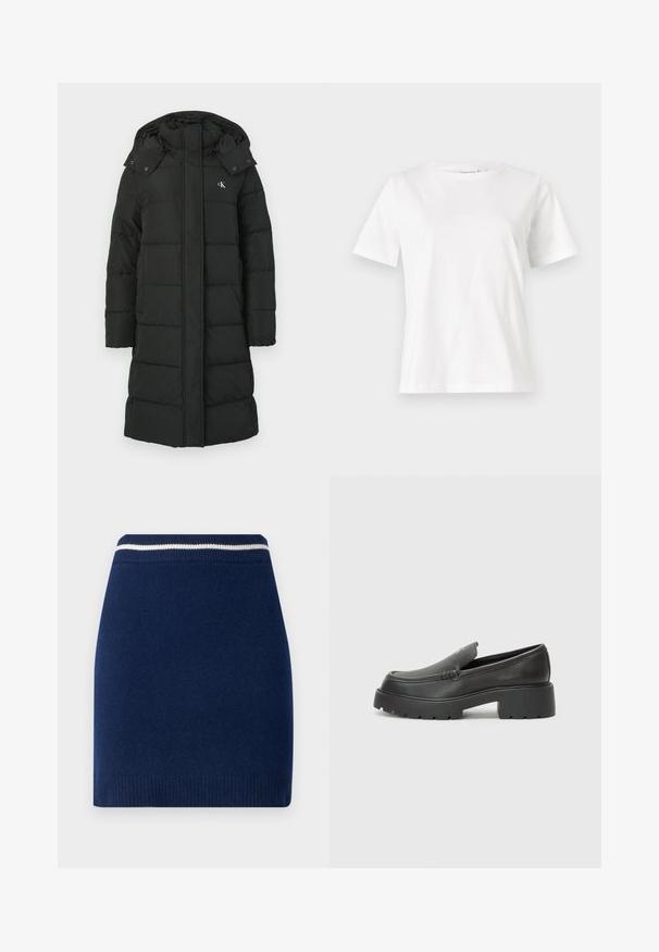 Casaco puffer preto com capuz, apresentando um design acolchoado, fecho frontal com zíper e logo no lado esquerdo do peito. Tecido liso e isolante.; T-shirt de algodão branco com mangas curtas, decote redondo e um corte descontraído. Textura suave, sem padrões ou detalhes, design minimalista.; Saia de malha azul-marinho com um design ajustado, apresentando uma cintura canelada com uma faixa branca em contraste. Textura suave, comprimento acima do joelho.; Mocassins de couro preto com bico arredondado, sola espessa e texturizada, e detalhes de costura minimalistas. Design elegante sem atacadores ou ferragens visíveis.