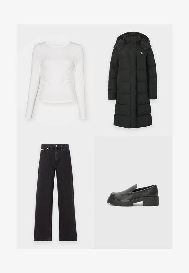 Črni puhovka s kapuco, ki ima prešito zasnovo, sprednje zadrgo in logo na levem prsnem predelu. Gladek, izoliran material.; Bela dolga majica z dolgimi rokavi iz rebraste tkanine, s prileganjem in gubami na straneh ter okroglo ovratnico.; Črne široke jeans hlače iz denima, s poudarjenim pasom, petimi žepi in kovinskim gumbom za zapiranje ter kontrastnim šivanjem.; Črne usnjene loafers čevlje z zaobljenim nosom, debelim teksturiranim podplatom in minimalnimi šivi. Elegantna zasnova brez vidnih vezalk ali kovinskih delov.