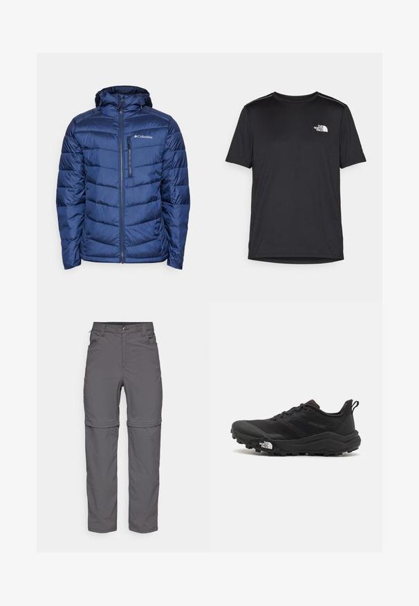 Navy blue insulated puffer jacket with a hood, featuring quilted design, zip closure, and subtle logo on the upper left chest.; Black short-sleeve T-shirt made from lightweight fabric. Features a small white logo on the left chest and subtle shoulder accents.; Gray zip-off pants with a smooth texture, featuring a button closure, front pockets, and adjustable cuffs for a versatile style.; Black trail running shoe with a textured upper, rubber sole, and reinforced toe cap. Features a padded collar and pull tab for easy wear.