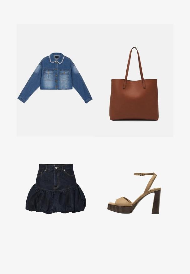 Even&Odd Jakna iz džinsa - mid blue wash; Svetlo siva majica kratkih rukava z dubljim V-izrezom i štirimi gumbi, izdelana iz mehkega materiala z gladko teksturo.; Temno modra krila iz denima z ožjim pasom in nabranim, napihnjenim robom. Ima sprednje žepe in kovinsko gumbno zapiranje.; Bež semiš sandali na visoki peti z širokim sprednjim trakom in trakom okoli gležnja, opremljeni z debelim lesenim blokom peto z teksturirano površino.; Rjava usnjena torba z gladko teksturo, odprto zasnovo zgoraj in dvema naramnima trakovoma. Opremljena je z minimalnim šivanjem in brez vidnih kovinskih delov.