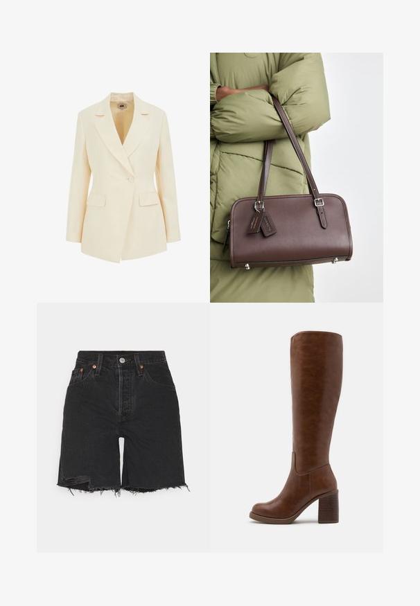 Beige kauluspuku, jossa on läpällinen kaulus, yksittäinen nappisulku ja kaksi etutaskua. Sileä rakenne ja määritelty siluetti.; Musta ribattu toppi, jossa on kaarroke kaula-aukko, hihaton muotoilu ja vartalonmyötäinen leikkaus. Sisällä on koko-etiketti.; Mustat farkkushortsit, joissa on korkea vyötärö, paljas reuna ja kulutetut yksityiskohdat. Sisältää viisi taskua ja metallinappikiinnityksen.; Ruske poluvisoke čizme od glatke veštačke kože, sa zaobljenim nosom, blok-petom sa vertikalnim žlebovima i minimalističkim dizajnom.; Ruskea nahkalaukku, jossa on suorakulmainen muoto, irrotettava hihna ja hopeiset metalliosat. Laukussa on kaksi tagia kiinnitettynä kahvaan.