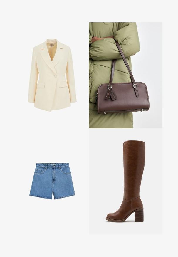 Beige op maat gemaakte blazer met een reverskraag, enkele knoopsluiting en twee voorzakken. Soepele textuur met gestructureerd silhouet.; Zwart geribbelde tanktop met een ronde halslijn, mouwloos ontwerp en getailleerde pasvorm. Bevat een label met maat binnenin.; Lichtblauwe denim shorts met een hoge taille, vijf zakken en een knoopsluiting. Rechte snit met een schone zoom.; Bruine kniehoge laarzen van glad faux leer, met een ronde neus, blokhak met verticale groeven en een minimalistisch ontwerp.; Bruine leren handtas met een rechthoekige vorm, een afneembare schouderriem en zilveren hardware accenten. Heeft twee labels die aan de handgreep zijn bevestigd.