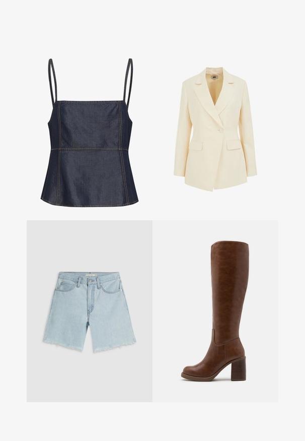 Krémový přizpůsobený blazer s klopovým límcem, jednobodovým zapínáním a dvěma předními kapsami. Hladká textura s definovanou siluetou.; Tmavě modrý denimový top bez rukávů s čtvercovým výstřihem, ostrými částmi a viditelnými švy. Hladká, jemná textura.; Světle modré džínové šortky s třepivým okrajem, čtyřmi kapsami a zipem; mají jemné vyblednutí a stříbrné kovové doplňky.; Hnědé kozačky po kolena vyrobené z hladké umělé kůže, s kulatou špičkou, blokovým podpatkem s vertikálními drážkami a minimalistickým designem.