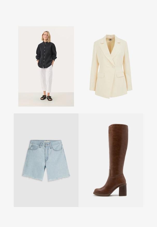 Beeži kohandatud bleiser, millel on krae, ühekohaline nööp sulgemine ja kaks esipocketit. Sile tekstuur ja struktureeritud siluett.; Mustamütsiga särk, millel on kogutud varrukad, koos valgete lühikesed pükstega ja mustade rihmadega sandaalidega. Üksikasjalik taust.; Hele sinised teksapüksid, millel on narmendavad ääred, neli taskut ja tõmblukk; iseloomustab õrn pleekimine ja hõbedase tooniga riistvara.; Pruunid põlvekõrgused saapad, mis on valmistatud siledast kunstnahast, ümarate varvastega, plokknõelaga, millel on vertikaalsed sooned ning minimalistlik disain.