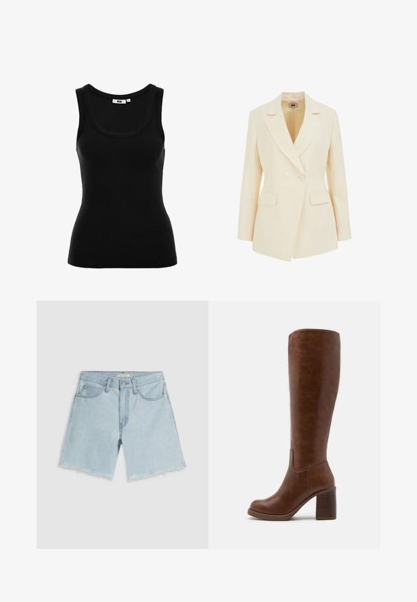Beige kauluspuku, jossa on läpällinen kaulus, yksittäinen nappisulku ja kaksi etutaskua. Sileä rakenne ja määritelty siluetti.; Musta ribattu toppi, jossa on kaarroke kaula-aukko, hihaton muotoilu ja vartalonmyötäinen leikkaus. Sisällä on koko-etiketti.; Vaaleansiniset farkkushortsit, joissa on rispaantunut helma, neljä taskua ja vetoketjullinen liepe; niissä on hienovarainen haalistuminen ja hopeanväriset metalliosat.; Ruske poluvisoke čizme od glatke veštačke kože, sa zaobljenim nosom, blok-petom sa vertikalnim žlebovima i minimalističkim dizajnom.