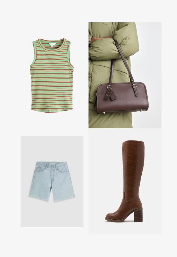 Beige skræddersyet blazer med slagkrave, enkelt knaplukning og to forlommer. Glat tekstur med struktureret silhuet.; Ærmeløs ribbet tanktop med en mintgrøn bundfarve og vandrette røde striber. Har en rund halslinje og en blød tekstur.; Lysblå denimshorts med lige ben, frynset kant, fem lommer og knaplukning i taljen.; Brune knæhøje støvler lavet af glat kunstlæder, med spids tå, blokhæl med lodrette riller og et minimalistisk design.; Brun læderhandbag med rektangulær form, aftagelig rem og sølvfarvet hardware. Har to tags hæftet til håndtaget.