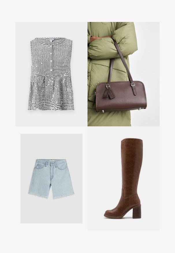 Blazer beige su misura con colletto a revers, chiusura con un solo bottone e due tasche frontali. Texture liscia con silhouette strutturata.; Top senza maniche a scacchi bianchi e neri con chiusura a bottoni e orlo a peplum, caratterizzato da un tessuto texturizzato e paillettes lucide.; Canottiera nera a coste con scollatura a barca, design senza maniche e forma aderente. Presenta un'etichetta con la taglia all'interno.; Shorts in denim azzurro chiaro con un design a gamba dritta, orlo sfilacciato, cinque tasche e chiusura con bottone in vita.; Stivali marroni al ginocchio realizzati in morbida pelle sintetica, con punta rotonda, tacco a blocco con scanalature verticali e un design minimale.; Borsa a tracolla in pelle marrone, di forma rettangolare, con una tracolla rimovibile e dettagli in metallo argentato. Presenta due etichette attaccate al manico.