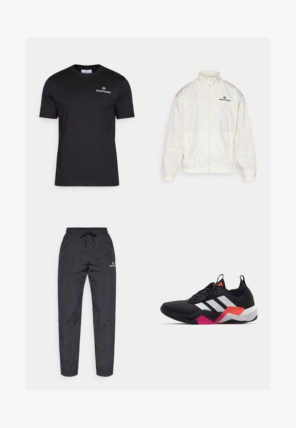 Hvit lettvekts zip-up jakke med elastiske mansjetter og hem, høy krage og svart Sergio Tacchini-logo på venstre bryst.; Sergio Tacchini BOLD - T-shirts - black/white; Svart, lette, vannavstøtende joggebukser med elastisk midje og justerbar snor. Har tapered ben og logo-detalj.; Sorte idrettssko med hvite striper, teksturert overdel og en kraftig såle med oransje, rosa og hvite detaljer. Snøring med trekkstroppe.