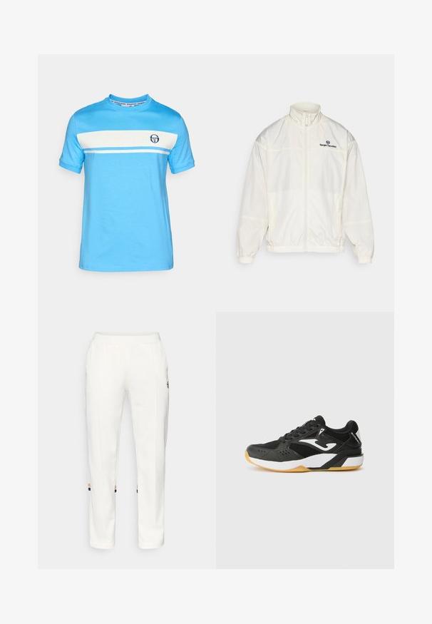 Witte lichtgewicht zip-up jack met elastische manchetten en zoom, hoge kraag en zwart Sergio Tacchini-logo op de linkerborst.; Lichtblauw T-shirt met korte mouwen, voorzien van een witte horizontale streep en een klein logo op de borst. Gemaakt van zacht katoen.; Witte joggers gemaakt van zachte stof, met zijzakken en gekleurde strepen bij de enkels met oranje en blauwe accenten.; Zwarte sportieve schoen gemaakt van mesh en synthetische materialen; beschikt over witte accenten, een gestructureerde zool en een afgerond te ontwerp.