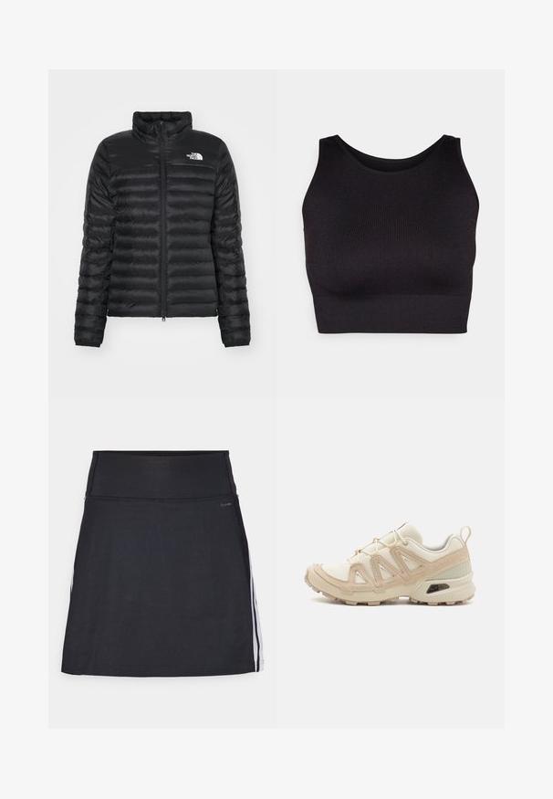 Chaqueta puff negra con cuello alzado, cierre frontal con cremallera y diseño acolchado. Presenta un logo en el lado izquierdo del pecho y puños elásticos.; Top corto negro con canalé, cuello alto y amplios escotes para los brazos, hecho de una tela suave y elástica para mayor comodidad y con un diseño sin costuras.; Skort atlético negro con cintura ancha, hecho de tela elástica. Presenta rayas laterales blancas y un acabado liso y sin costuras.; Zapatilla deportiva beige y crema con parte superior de malla texturizada, superposiciones de soporte y suela de goma con un patrón de tracción.