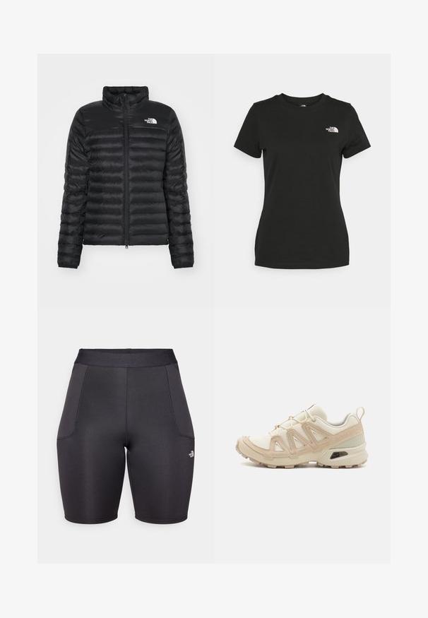 Jachetă puffer neagră cu guler înalt, fermoar frontal și un design matlasat. Prezintă un logo pe pieptul stâng și manșete elastice.; Tricou din bumbac negru, cu guler rotund și mâneci scurte. Logo alb notabil în partea stângă sus. Textură netedă, croi casual.; Șorturi atletice negre, fabricate dintr-un material neted, elastic. Au o talie înaltă și buzunare laterale. Detalii cu logo în partea stângă jos.; Pantofii sport bej și crem au un superior din plasă texturată, suprapuneri de susținere și o talpă din cauciuc cu un model de profil pentru aderență.