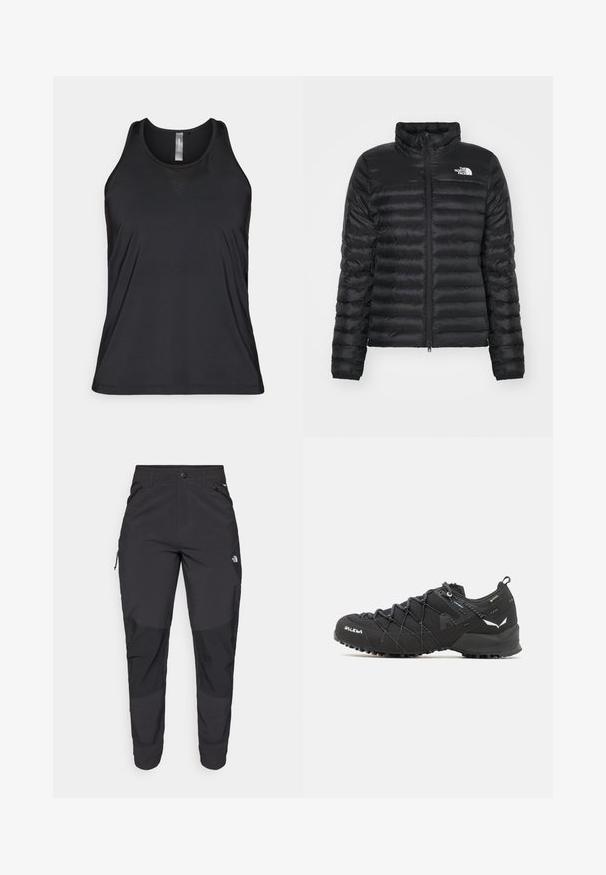 Black puffer jacket with a stand collar, zip front, and a quilted design. Features a logo on the left chest and elastic cuffs.; Black sleeveless sports tank top made of breathable material, featuring a subtle mesh accent in a triangular shape near the neckline.; Black outdoor pants made of durable fabric. Feature zippered pockets, reinforced knee panels, and a straight cut design for mobility.; Black hiking shoes with a textured fabric upper, lacing system, and rugged rubber sole. Accented with reflective details and logos.
