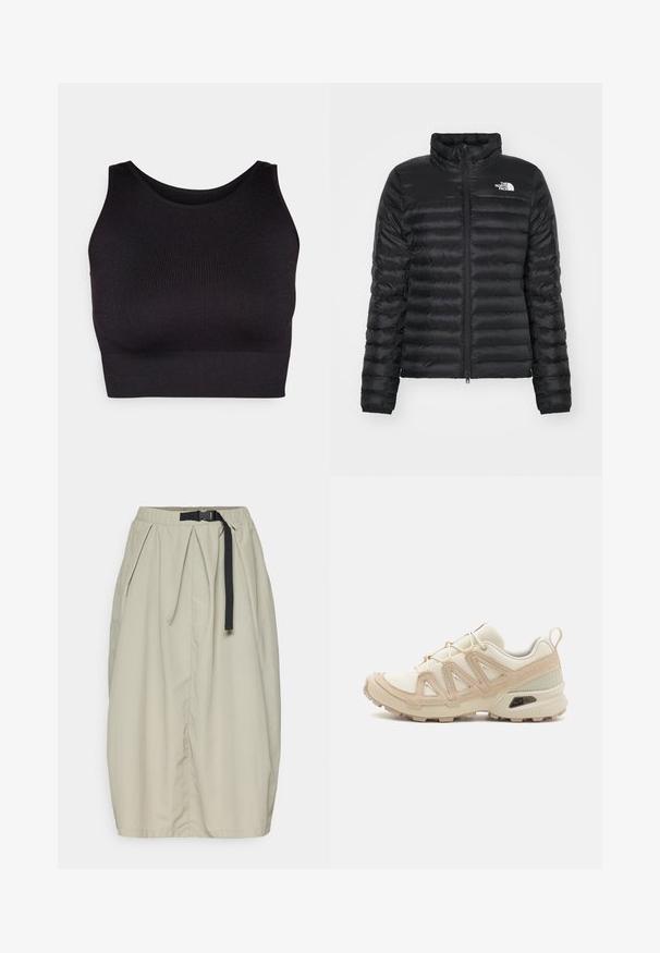 Zwarte pufferjack met een opstaande kraag, ritssluiting aan de voorkant en een gevoerd ontwerp. Bevat een logo op de linkerkant van de borst en elastische manchetten.; Zwarte geribbelde crop top met een hoge halslijn en brede armsgaten, uitgevoerd in een zachte, rekbare stof voor comfort en een naadloos ontwerp.; Jack Wolfskin TIHAMA SKIRT - Rokken - stone; Beige en crème sportschoen met een textuur-mesh bovenwerk, ondersteunende overlays en een rubberen zool met een profielpatroon voor grip.