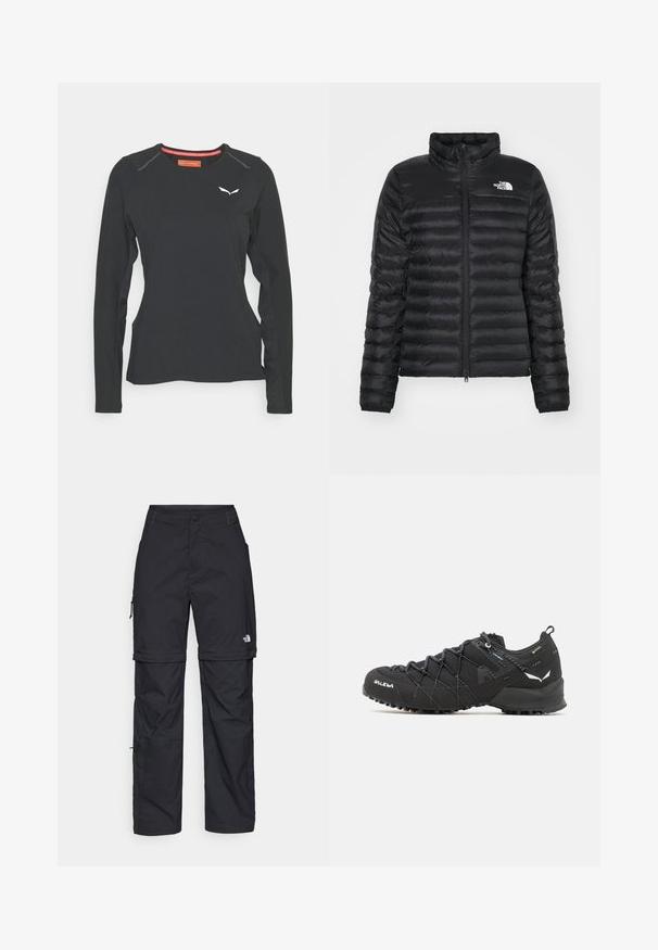 Zwarte pufferjack met een opstaande kraag, ritssluiting aan de voorkant en een gevoerd ontwerp. Bevat een logo op de linkerkant van de borst en elastische manchetten.; Salewa PEDROC DRY TEE W. - Longsleeve - black out; Zwarte nylon cargo broek met afneembare pijpen, verstelbare manchetten, meerdere zakken en een logo op het rechterbeen. Gladde, lichte textuur.; Zwarte wandelschoenen met een bovenkant van textuurstof, een vetersysteem en een robuuste rubberen zool. Verfraaid met reflecterende details en logo's.