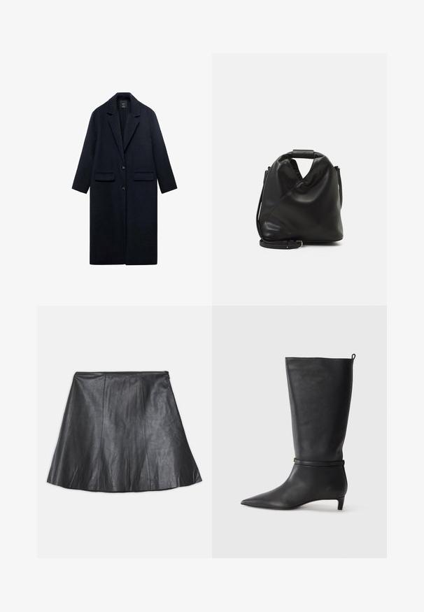 Námořnický vlněný kabát s klopovým límcem, dvěma předními kapsami, jednořadým zapínáním na knoflík a rovnými liniemi. Texturovaná látka s hladkým povrchem.; Tmavě hnědý vlněný svetr s ribbovanými manžetami, lemem a límcem, s malým kovovým logem poblíž spodního lemu na jednobarevném pozadí.; Černá kožená sukně s rozšířeným designem, obsahující vertikální švy a hladkou texturu. Jednoduchý pas a žádné viditelné kovové prvky.; Černé kožené kozačky ke kolenům s špičatou špičkou, zdobené kulatým páskem kolem kotníku a nízkým, zužujícím se podpatkem. Hladký povrch.; Černá, měkká kožená taška s unikátním zkrouceným designem. Obsahuje krátkou rukojeť a odnímatelný ramenní popruh. Minimalistický styl.