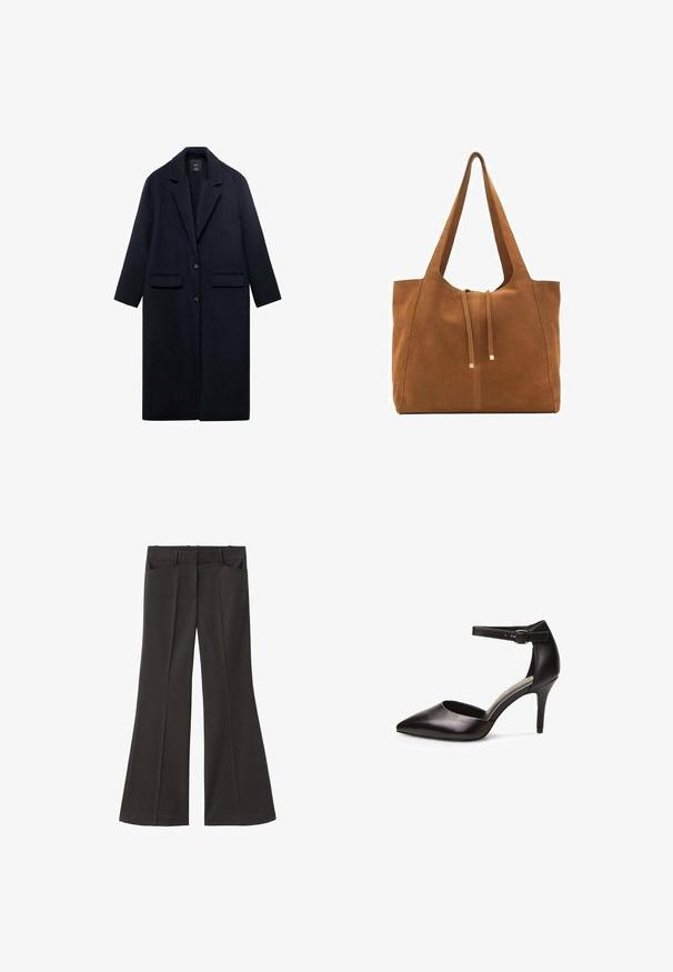 Námornícky vlněný kabát s klopovým golierom, dvoma prednými vreckami, zapínaním na jeden gombík a rovnými siluetami. Texturovaná tkanina s hladkým povrchom.; Tmavo šedý, skrátený sveter s dlhými rukávmi, okrúhlym výstrihom a textúrovaným povrchom. Jednoduchý dizajn bez vzorov alebo ozdôb.; Čierne rozšírené nohavice s vysokým pásom; majú dve bočné vrecká a hladkú textúru látky. Vhodné na rôzne príležitosti.; Čierna kožená vysoká podpätková topánka s špicatou špičkou, členkovým páskom a štíhlym podpätkom. Hladká textura a minimálne hardvérové detaily.; Hnedá semišová taška cez rameno s dvoma dlhými popruhmi, sťahovacou šnúrkou a minimalistickým dizajnom. Hladký povrch a žiadne viditeľné kovové doplnky.