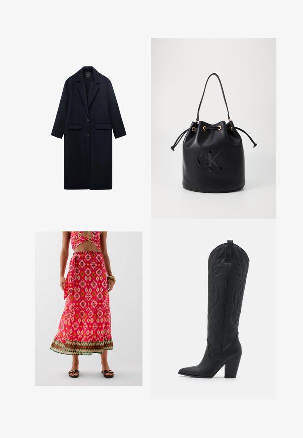Marineblauwe wollen jas met een geknipte kraag, twee voorzakken, een enkele knoopsluiting en een rechte silhout. Gelaagd stof met een gladde afwerking.; Langledig crewneck gebreide trui in donker bordeaux met geribbelde manchetten en onderrand, weergegeven op een witte achtergrond.; Maxi-strik met bloemenpatroon in het roze, met een gerimpelde zoom en groene accenten. Gemaakt van lichte stof met een gestrikte sjaal detaillering.; Zign Cowboy-/Bikerlaarzen - black; Zwarte leren emmer tas met trekkoord sluiting, voorzien van een glanzend "CK" logo aan de voorkant en gouden hardware accenten.