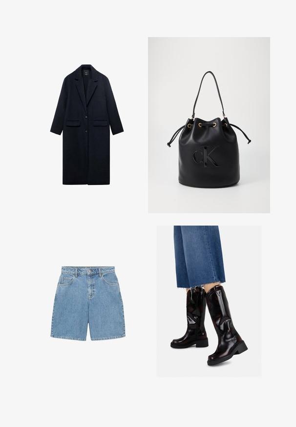 Navy wool coat with a notched collar, two front pockets, single-button closure, and straight silhouette. Textured fabric with smooth finish.; Long-sleeve crew neck knitted sweater in dark burgundy with ribbed cuffs and hem, displayed on a white background.; Denim shorts in light blue, featuring a high waist, four pockets, and visible stitching. Made of textured denim fabric.; Black patent leather knee-high boots with a chunky heel and side zipper. Smooth texture with a glossy finish and structured design elements.; Black leather bucket bag with drawstring closure, featuring a glossy "CK" logo on the front and gold-tone hardware accents.