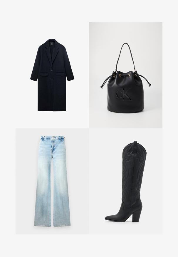 Navy wool coat with a notched collar, two front pockets, single-button closure, and straight silhouette. Textured fabric with smooth finish.; Long-sleeve crew neck knitted sweater in dark burgundy with ribbed cuffs and hem, displayed on a white background.; Light blue flared jeans made from denim. Features a faded wash, standard pockets, and a button closure at the waist.; Zign Cowboy/Biker boots - black; Black leather bucket bag with drawstring closure, featuring a glossy "CK" logo on the front and gold-tone hardware accents.