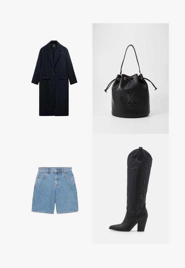 Námořnický vlněný kabát s klopovým límcem, dvěma předními kapsami, jednořadým zapínáním na knoflík a rovnými liniemi. Texturovaná látka s hladkým povrchem.; Svetr s dlouhým rukávem a kulatým výstřihem, pletený v tmavě burgundské barvě, s žebrovanými manžetami a lemem, prezentovaný na bílém pozadí.; Džínové šortky ve světle modré barvě, s vysokým pasem, čtyřmi kapsami a viditelným prošíváním. Vyrobené z texturované džínoviny.; Zign Kovbojské/motorkářské kozačky - black; Černá kožená kabela ve tvaru kyblíku s utažením na šňůru, s lesklým logem "CK" na přední straně a zlatými kovovými detaily.