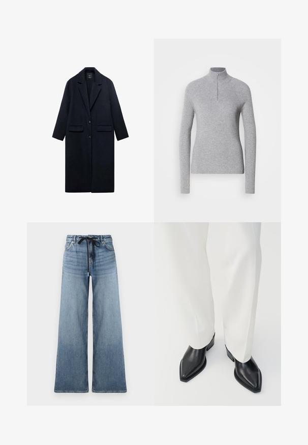 Mornarski kaput od vune s izrezanim ovratnikom, dva prednja džepa, zatvaranje na jedini dugme i ravni kroj. Tekstura tkanine s glatkom završnom obradom.; Svijetlosiva pulover majica s rebrastim uzorkom, visokim ovratnikom i polu-zatvaračem na vratu. Ima duge rukave i uski kroj.; Široke traperice svijetloplave boje s izblijedjelim teksturom. Imaju podesivi struk s crnom vezicom i klasične džepove.; Crne čizme do članaka s oštrim nosom, glatke kožne završnice, niske blok pete, u kombinaciji s bijelim širokim hlačama. Jednostavan i moderan dizajn.