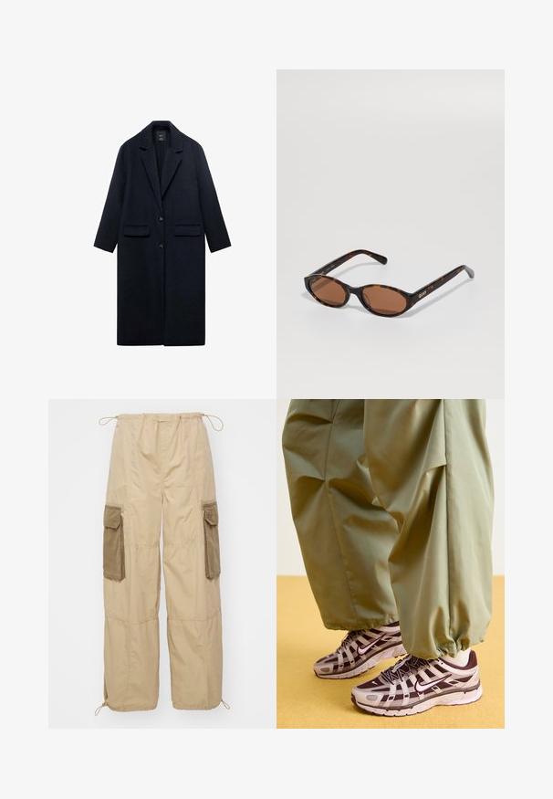 Marinefarbener Wollmantel mit Reverskragen, zwei frontalen Taschen, einer Knopfverschluss und geradem Schnitt. Strukturierter Stoff mit glatter Oberfläche.; Helles graues, geripptes Pullover-Sweatshirt mit hohem Kragen und halbem Reißverschluss am Hals. Es hat lange Ärmel und ein figurbetontes Design.; Beige Cargo-Hosen mit einem Kordelzugbund, zwei seitlichen Taschen, verstellbaren Bündchen und strukturiertem Stoff. Mit olivgrünen Akzenttaschen.; Sportliche Sneakers mit einem grauen und dunkelvioletten Design, ausgestattet mit einem Obermaterial aus Mesh, stützenden Riemen und einer Gummisohle, kombiniert mit lockeren grünen Hosen.; Schildpatt ovalen Sonnenbrillen mit braunen Gläsern, schräg gehalten, um das "QUAY"-Logo am rechten Gestell auf einem schlichten Hintergrund zu zeigen.