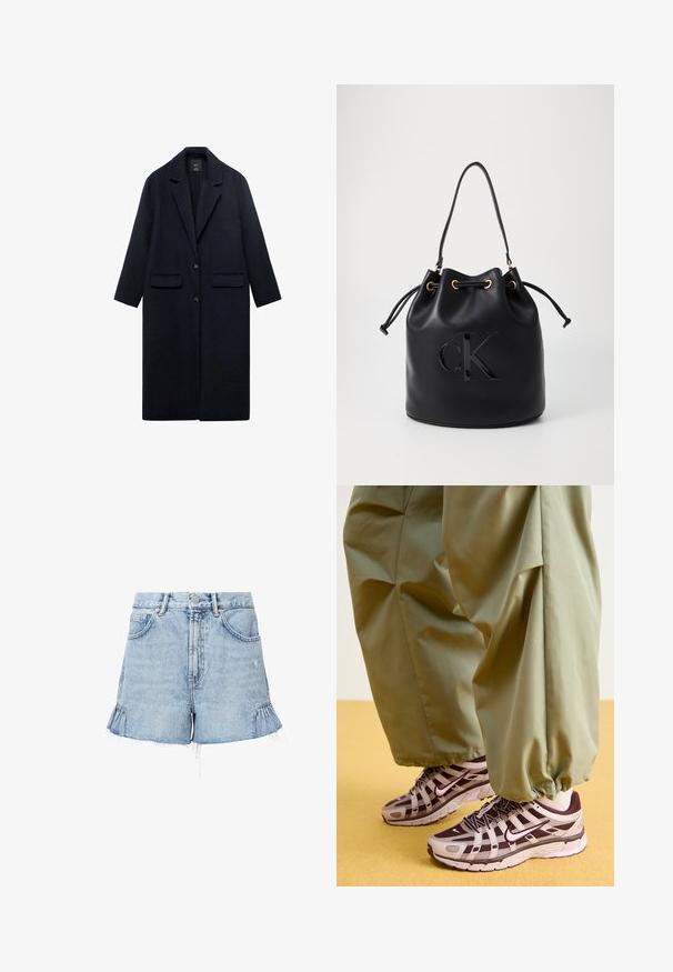 Marineblauwe wollen jas met een geknipte kraag, twee voorzakken, een enkele knoopsluiting en een rechte silhout. Gelaagd stof met een gladde afwerking.; Lichtgrijze, geribbelde pullovertrui met een hoge kraag en een rits tot de helft van de hals. Het heeft lange mouwen en een getailleerd ontwerp.; Lichtblauwe denim short met een rafelige zoom, met zijkanten met ruches, voorzakken en een knoopsluiting met een rits.; Atletische sneakers met een grijs en donkerpaars ontwerp, voorzien van een bovenwerk van mesh, ondersteunende banden en een rubberen zool, gecombineerd met losse groene broek.; Zwarte leren emmer tas met trekkoord sluiting, voorzien van een glanzend "CK" logo aan de voorkant en gouden hardware accenten.