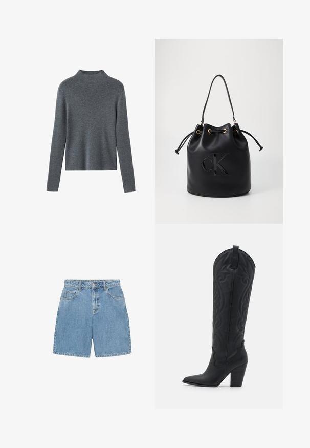 Granatowy wełniany płaszcz z wykładanym kołnierzem, dwiema przednimi kieszeniami, zapięciem na pojedynczy guzik i prostym krojem. Teksturowana tkanina o gładkim wykończeniu.; Ciemnoszary, dzianinowy sweter z długim rękawem, z wysokim okrągłym dekoltem i prostym zakończeniem, wyeksponowany na białym tle.; Szorty dżinsowe w jasnoniebieskim kolorze, z wysokim stanem, czterema kieszeniami i widocznym przeszyciem. Wykonane z teksturowanej tkaniny dżinsowej.; Zign - Kowbojki i obuwie motocyklowe; Czarna skórzana torba typu bucket z zaciąganym zamknięciem, z błyszczącym logo "CK" z przodu i złotymi akcentami.