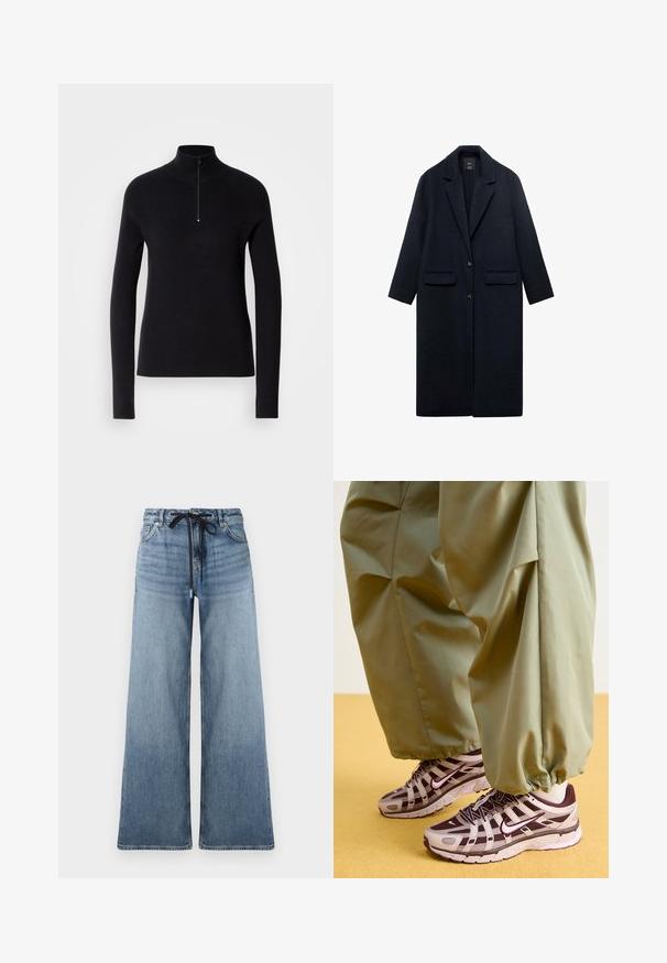 Marineblauwe wollen jas met een geknipte kraag, twee voorzakken, een enkele knoopsluiting en een rechte silhout. Gelaagd stof met een gladde afwerking.; Zwarte gebreide pullover met een hoge kraag en een halve rits, voorzien van een ribbeltextuur en lange mouwen. Eenvoudig en aansluitend ontwerp.; Lichtblauwe denim jeans met wijde benen en een vervaagde structuur. Voorzien van een verstelbare tailleband met een zwarte trekkoord en traditionele zakken.; Atletische sneakers met een grijs en donkerpaars ontwerp, voorzien van een bovenwerk van mesh, ondersteunende banden en een rubberen zool, gecombineerd met losse groene broek.